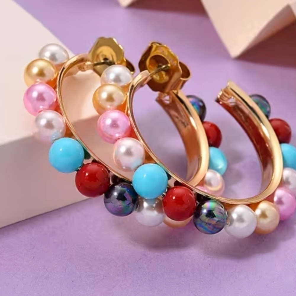 NWT Multi Color Shell Pearl Hoop Earrings in Goldtone and ION Plated YG